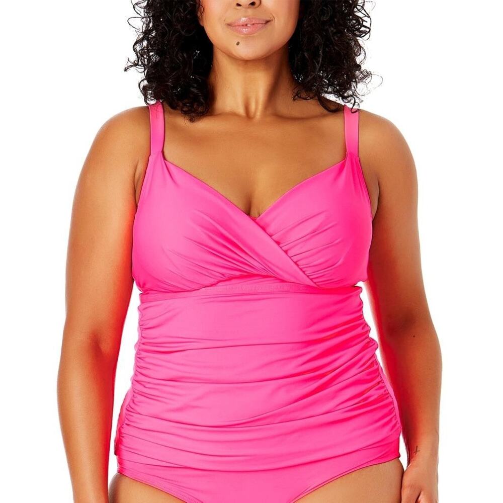 Anne Cole Women's Plus Size Pink Punch Ruched Tankini Top Size 24W